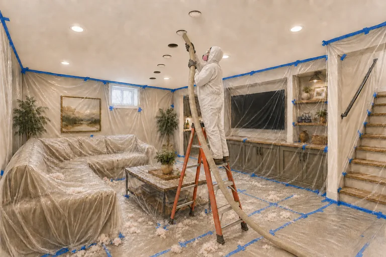 Representative illustration of insulation being installed through access openings in a finished basement ceiling