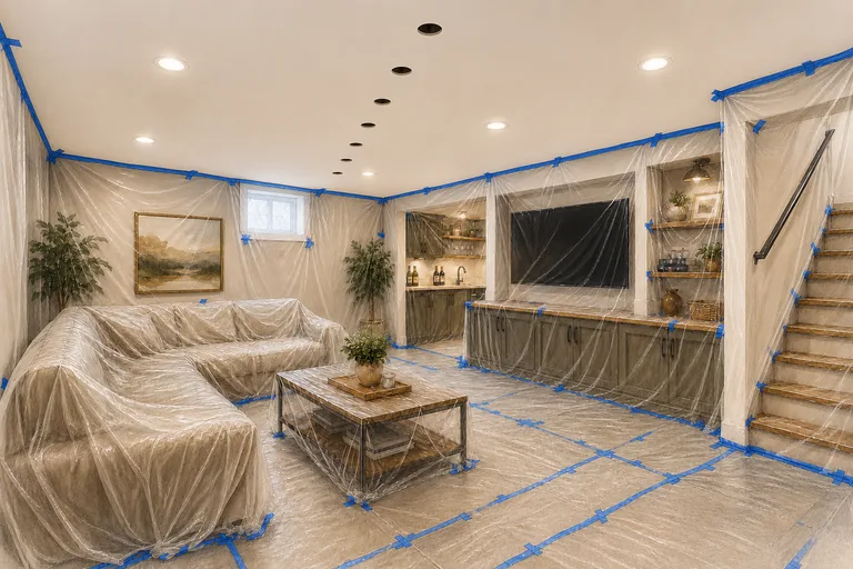 Representative illustration of a finished basement protected before ceiling drill-and-fill insulation