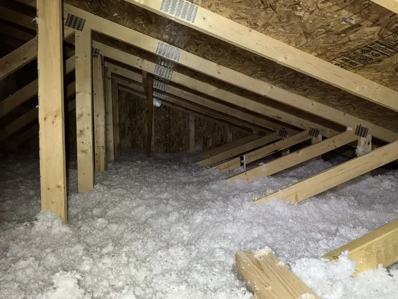 Loose-fill insulation distributed across an attic floor between roof trusses