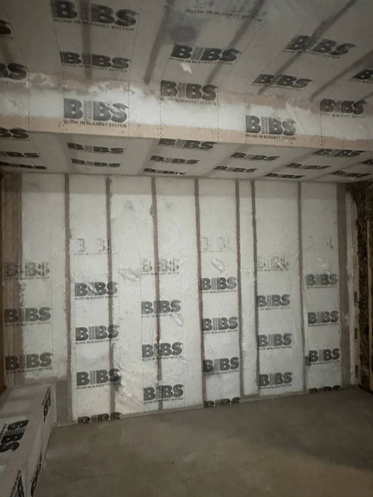 Netted-and-blown insulation installed in residential wall and ceiling cavities