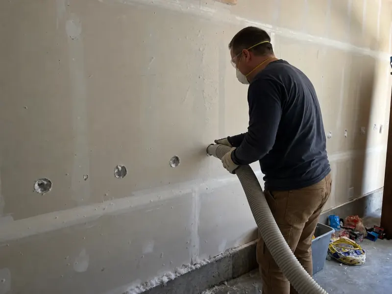 Installer blowing insulation through planned access openings in a finished wall