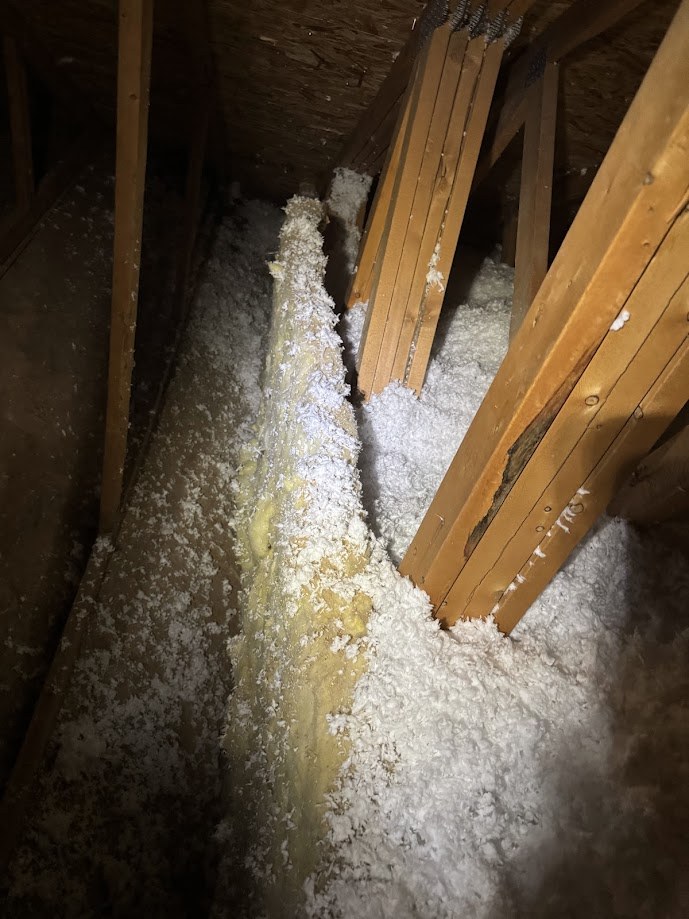 Attic insulation installed around roof framing in a Pleasant Grove home